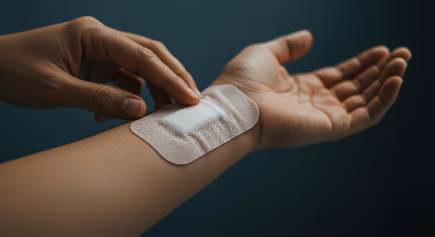Flat-lay of bordered silicone foam dressings in multiple shapes on a medical-blue background
