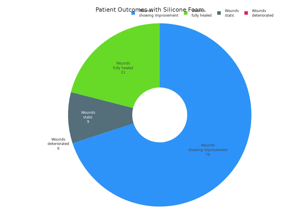 Pie chart showing wound healing outcomes with silicone foam dressings