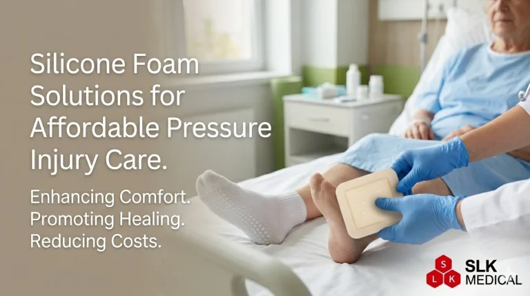 A healthcare professional applying an SLK Medical Alexer® silicone foam dressing to a patient's foot in a clinical setting to treat a pressure injury.