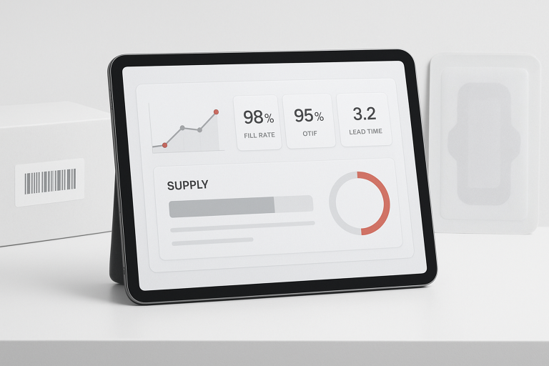 Dashboard showing fill rate, OTIF, and lead time for silicone foam dressings