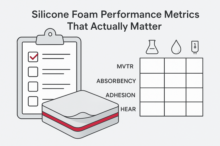 Clipboard checklist and scorecard for silicone foam dressing performance metrics (MVTR, absorbency, adhesion, shear).