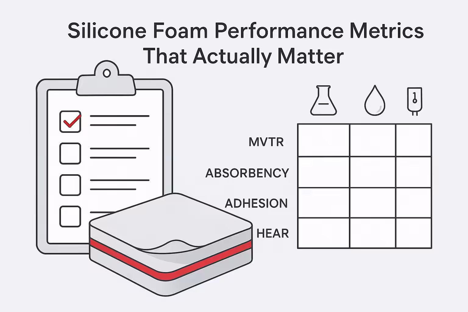 Clipboard checklist and scorecard for silicone foam dressing performance metrics (MVTR, absorbency, adhesion, shear).