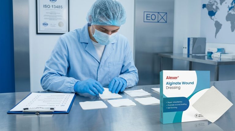 Cleanroom QA inspection of alginate dressings with standards checklist and China sourcing backdrop
