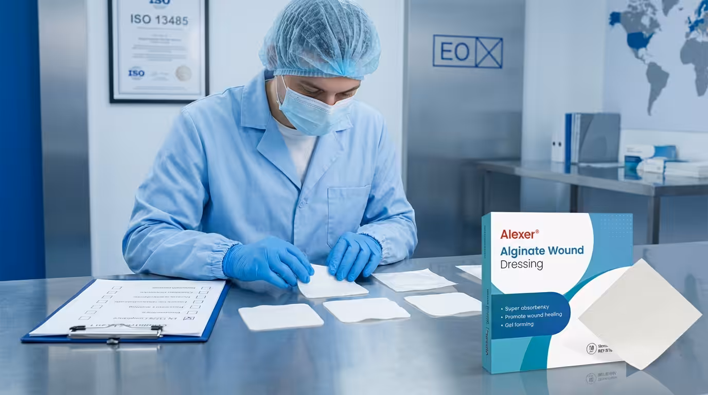 Cleanroom QA inspection of alginate dressings with standards checklist and China sourcing backdrop