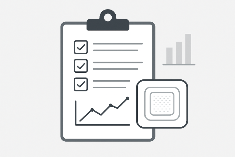 Clipboard checklist and charts illustrating real-world outcomes of silicone foam dressings