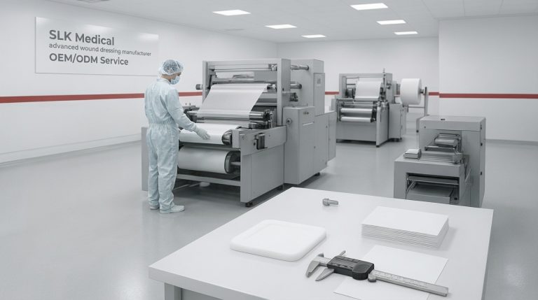 Medical dressing factory in China producing silicone foam dressings with quality control checks