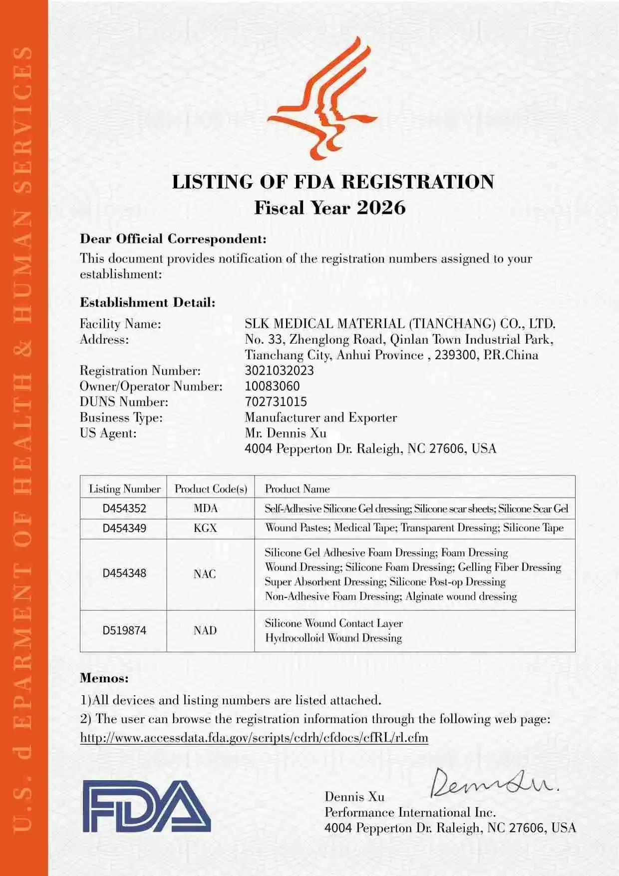 SLK Medical certificate of FDA 2016