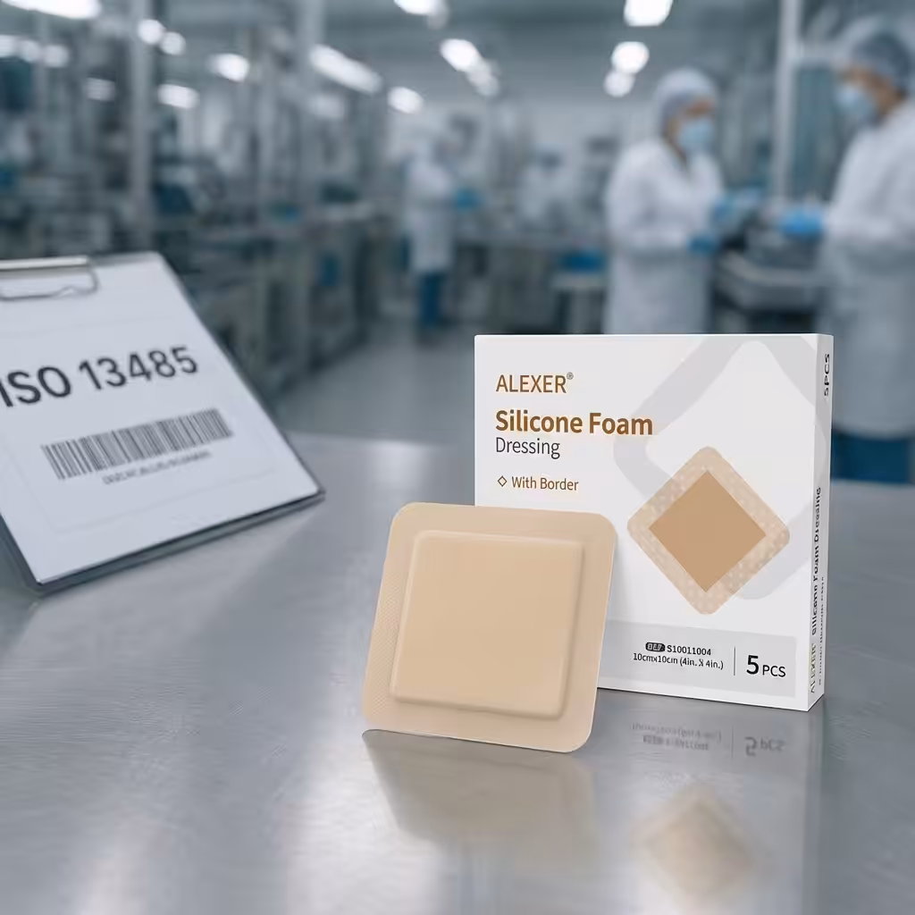 Advanced wound dressing manufacturing in China with silicone foam, silver antimicrobial, and super-absorbent layers on a QA worktable