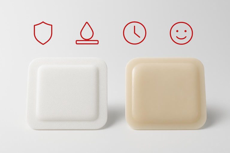 Silicone foam vs hydrocolloid dressings comparison visual with clinical icons