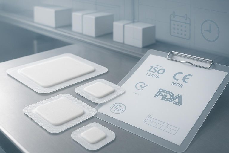 Sterile silicone foam dressings with compliance documents and production timeline visuals on a clean lab table