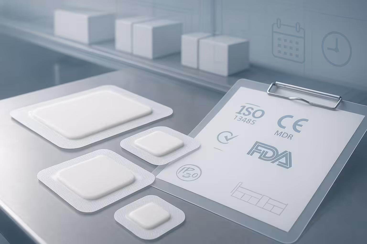 Sterile silicone foam dressings with compliance documents and production timeline visuals on a clean lab table