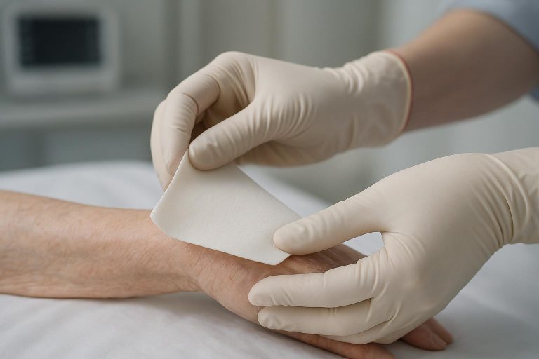 Clinician gently removing a soft silicone foam dressing from fragile elderly forearm at a low peel angle