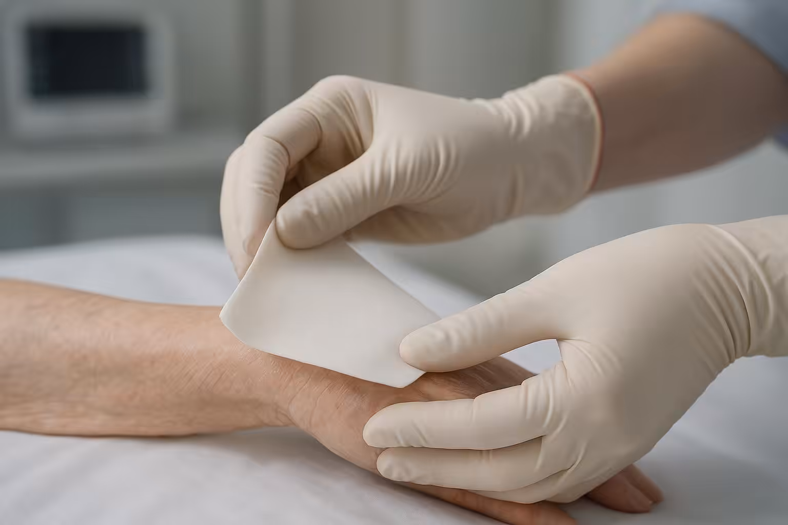 Clinician gently removing a soft silicone foam dressing from fragile elderly forearm at a low peel angle