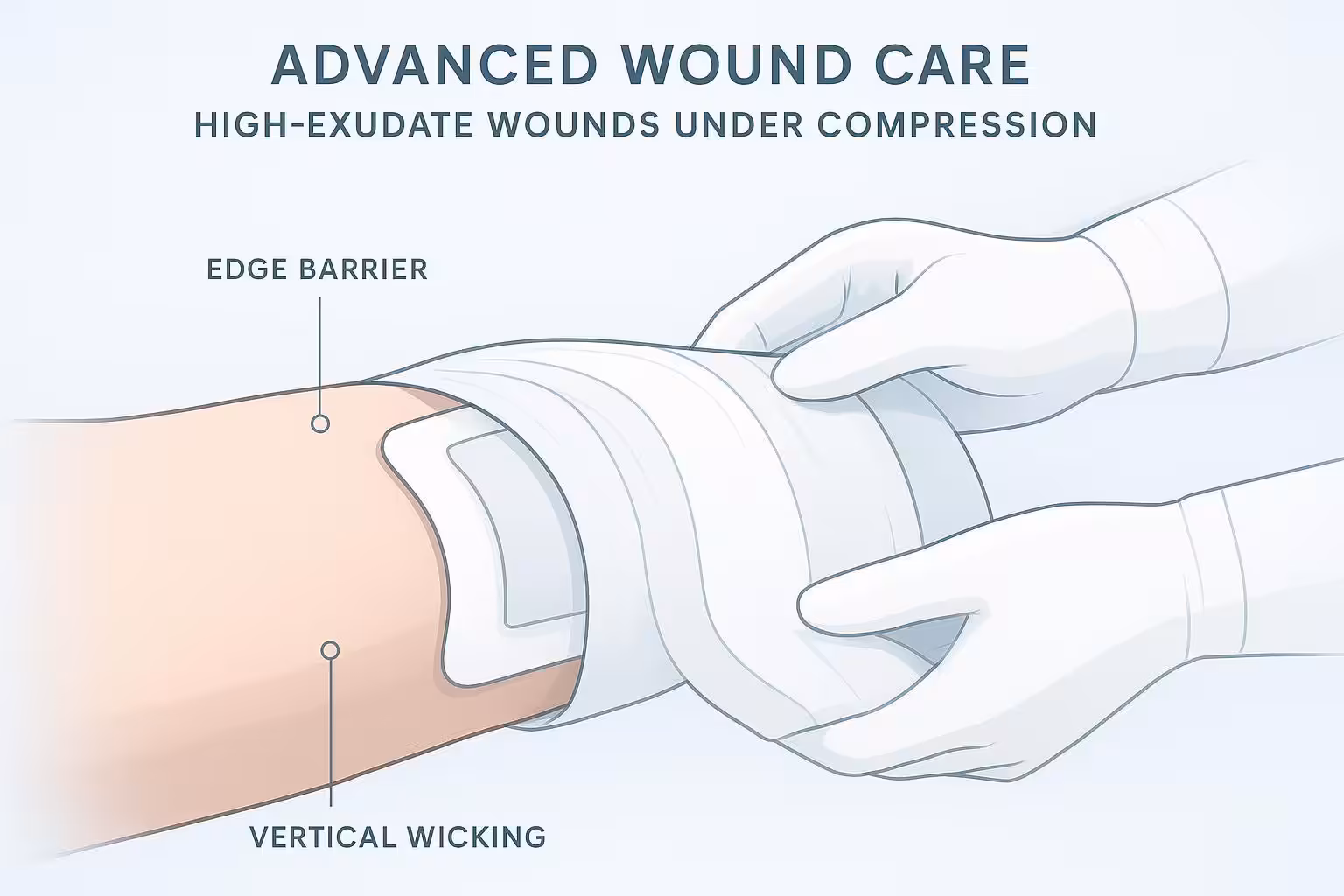 Clinical illustration of compression wrap applied over layered dressing for a high-exudate leg ulcer with edge barrier and vertical wicking callouts.