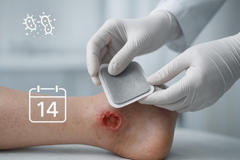 Clinician applying a silver foam dressing to an exuding leg ulcer with 14-day algorithm icons