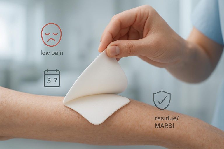 Nurse gently lifting a silicone foam dressing from an elderly patient’s forearm, indicating low pain and atraumatic removal
