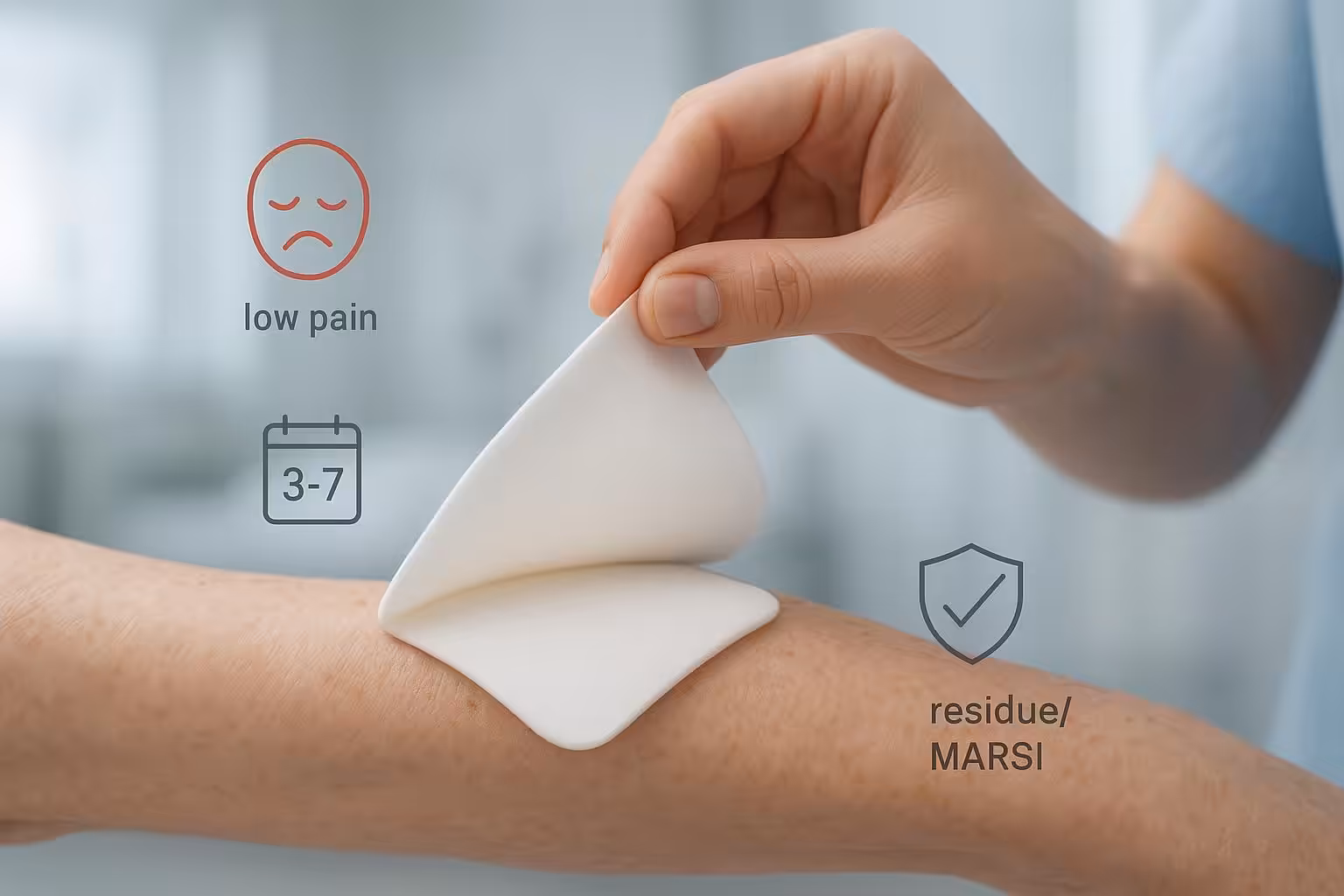 Nurse gently lifting a silicone foam dressing from an elderly patient’s forearm, indicating low pain and atraumatic removal