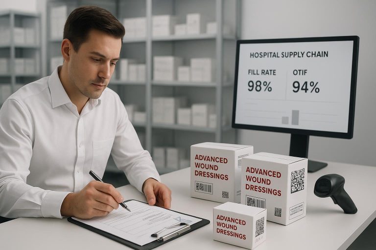 Hospital procurement specialist checking a supplier evaluation checklist next to wound dressing cartons with UDI and GS1 barcodes