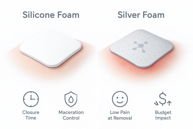 Split-screen cover image comparing silicone foam and silver foam dressings with icons for closure time, maceration control, pain at removal, and budget impact