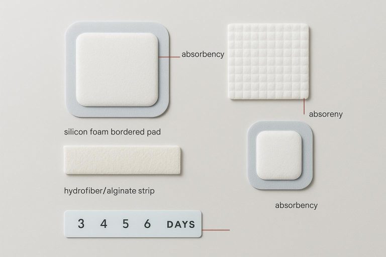 Clinical flat lay of advanced wound dressings with absorbency, MVTR, and edge seal callouts and a 3–7 day wear indicator