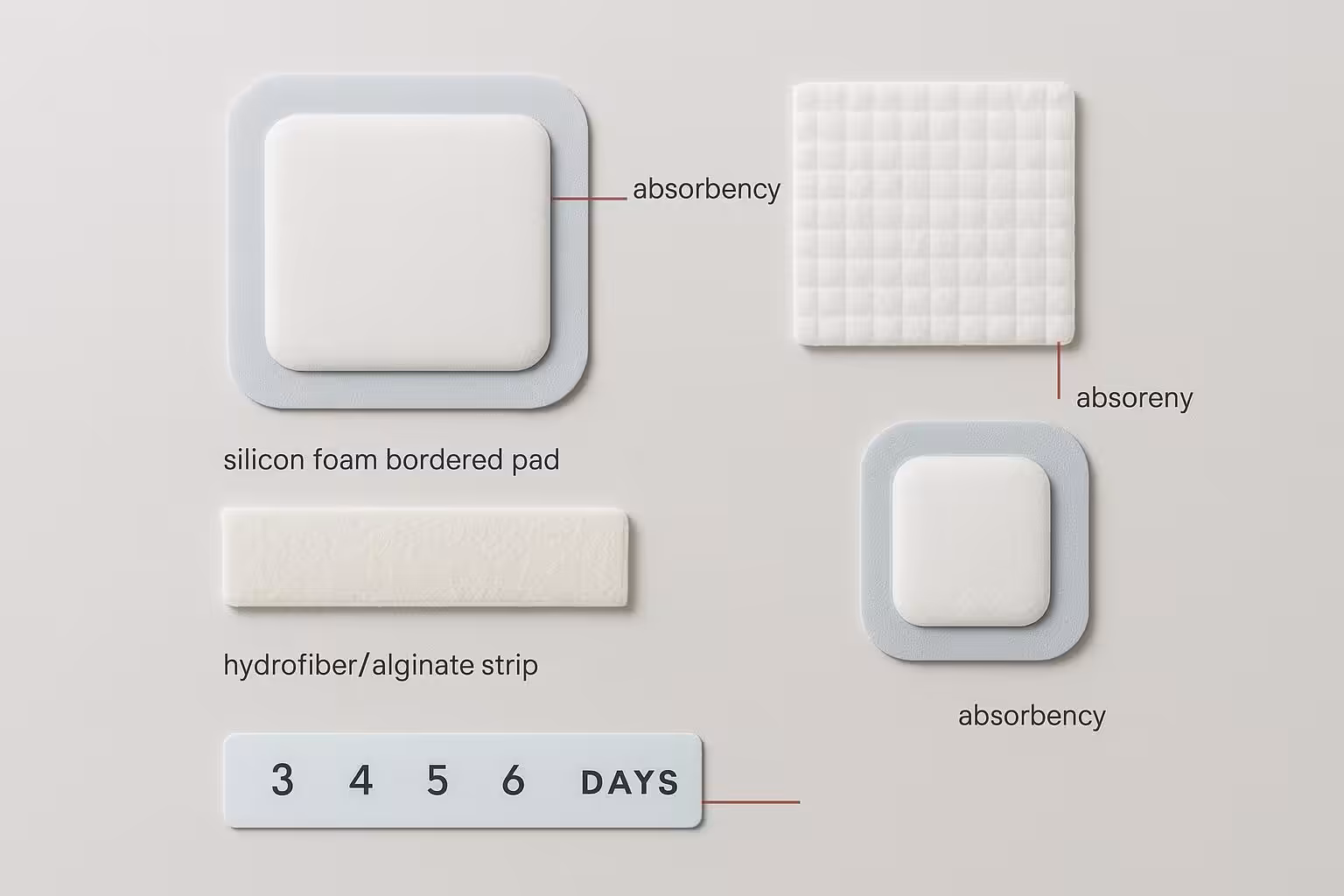 Clinical flat lay of advanced wound dressings with absorbency, MVTR, and edge seal callouts and a 3–7 day wear indicator