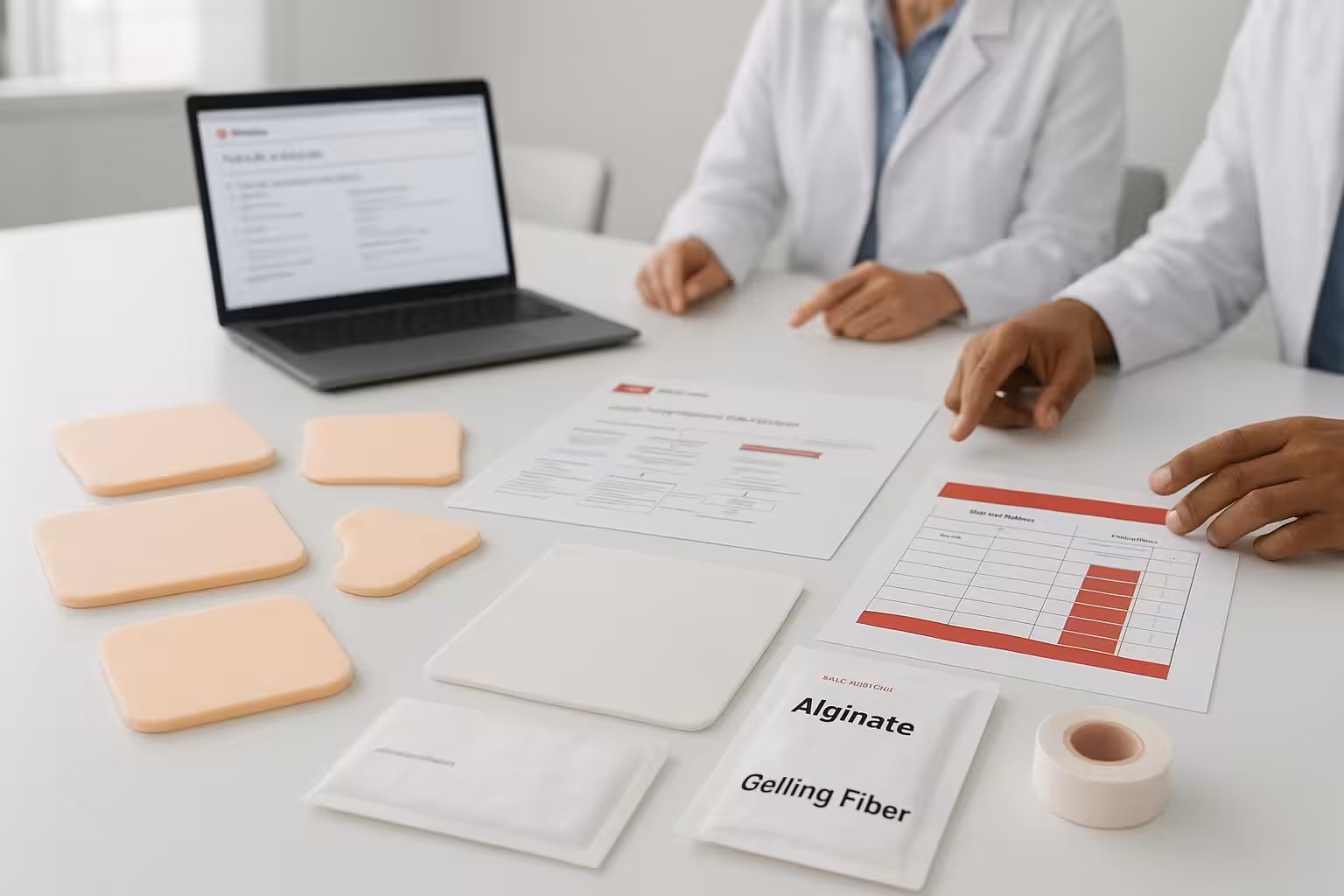 Clinicians planning a sensitive-skin wound care formulary with silicone dressings, size matrix, and EMR order set in a clinic meeting room