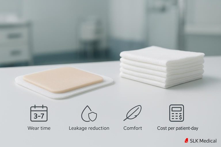 Split-screen comparison of silicone foam dressing versus traditional gauze in a clinical setting
