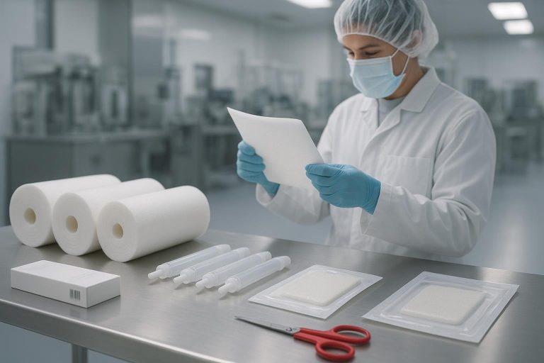 Cleanroom technician inspecting polyurethane foam and silicone materials for wound dressings on a stainless workstation
