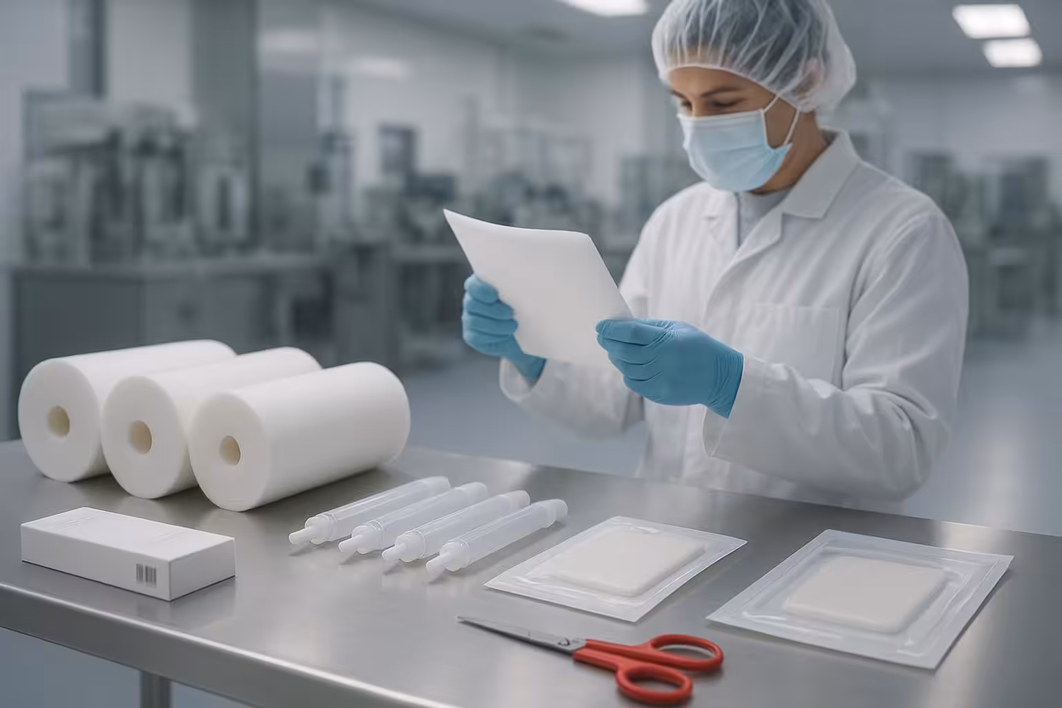 Cleanroom technician inspecting polyurethane foam and silicone materials for wound dressings on a stainless workstation
