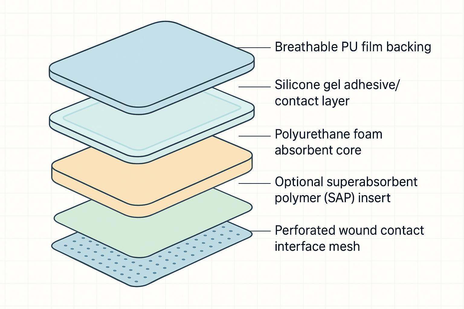 Schematic of a silicone foam dressing showing PU film, silicone gel, foam core, optional SAP insert, and non-adherent contact mesh
