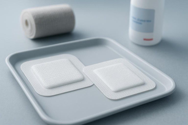Photorealistic close-up of super absorbent wound dressings—silicone-adherent and non-adherent—on a medical tray with compression bandage in background
