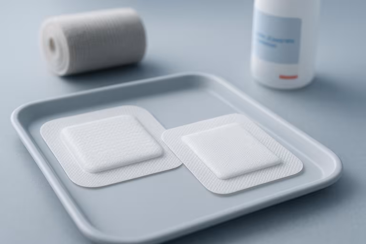 Photorealistic close-up of super absorbent wound dressings—silicone-adherent and non-adherent—on a medical tray with compression bandage in background