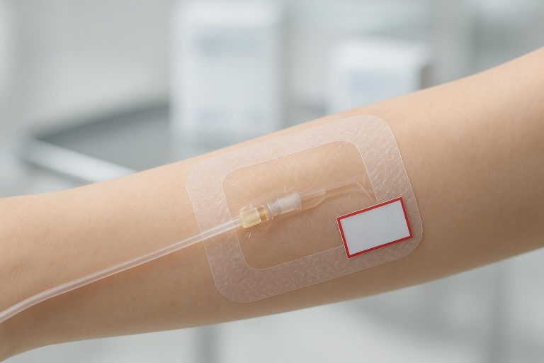 Transparent film dressing securing an IV catheter with rounded corners and clear visualization