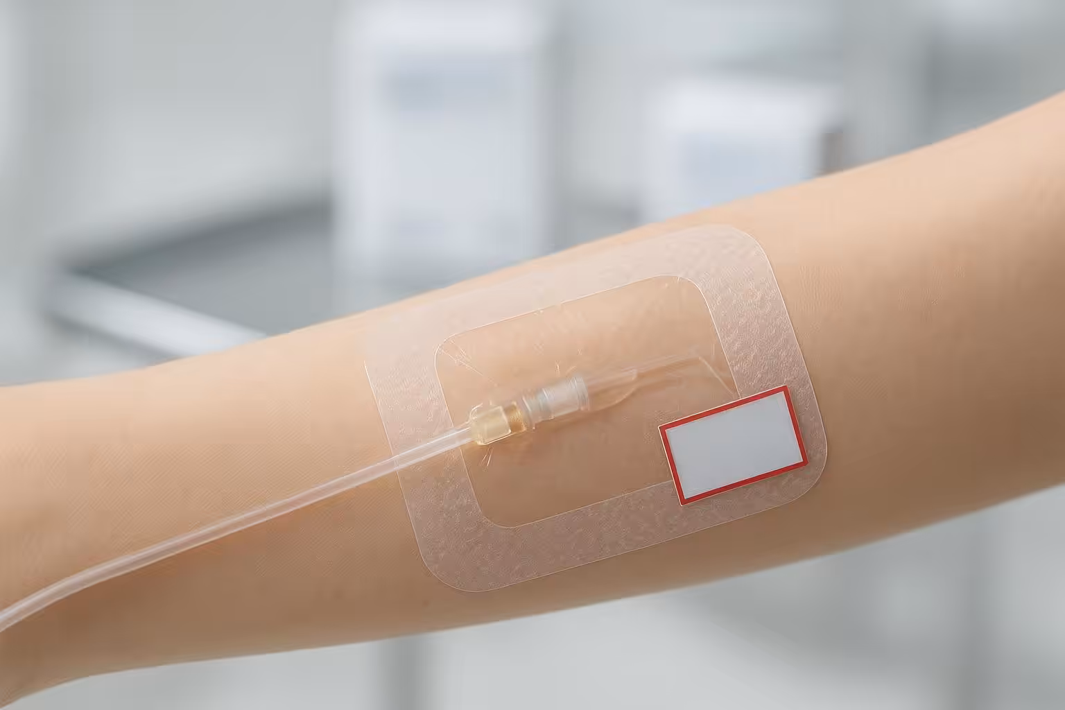 Transparent film dressing securing an IV catheter with rounded corners and clear visualization