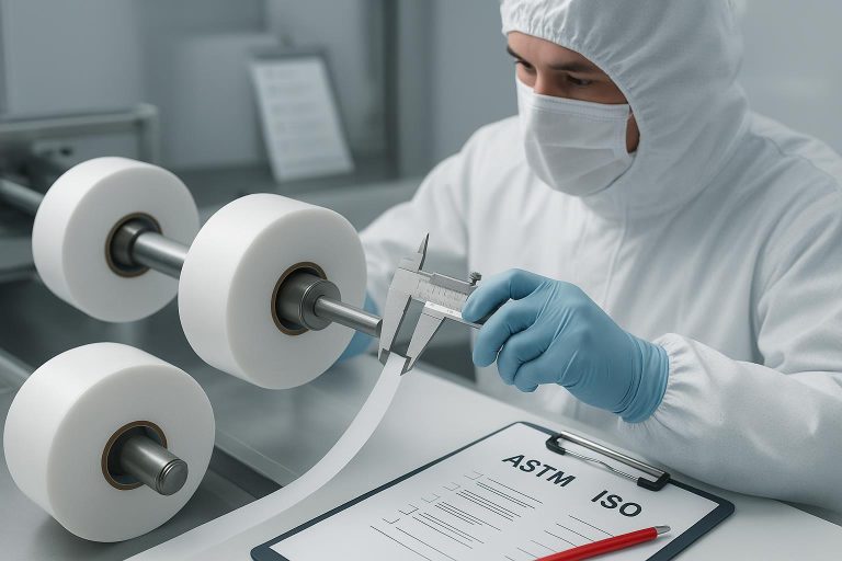 Cleanroom technicians inspecting silicone adhesive tape master rolls during slitting with OEM/ODM documentation clipboard visible
