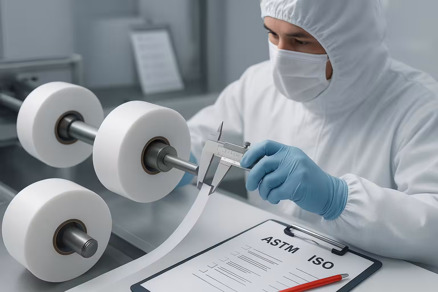 Cleanroom technicians inspecting silicone adhesive tape master rolls during slitting with OEM/ODM documentation clipboard visible