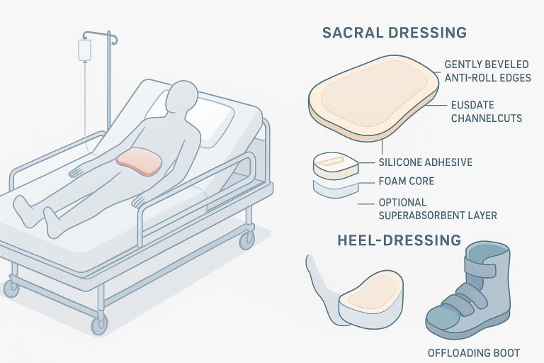 Clinical infographic of sacral and heel anatomically shaped silicone foam dressings with sacral cleft conformity and 3D heel cup next to an offloading boot