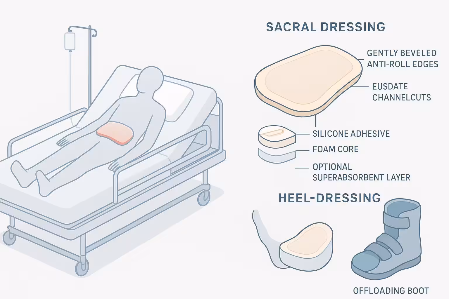 Clinical infographic of sacral and heel anatomically shaped silicone foam dressings with sacral cleft conformity and 3D heel cup next to an offloading boot