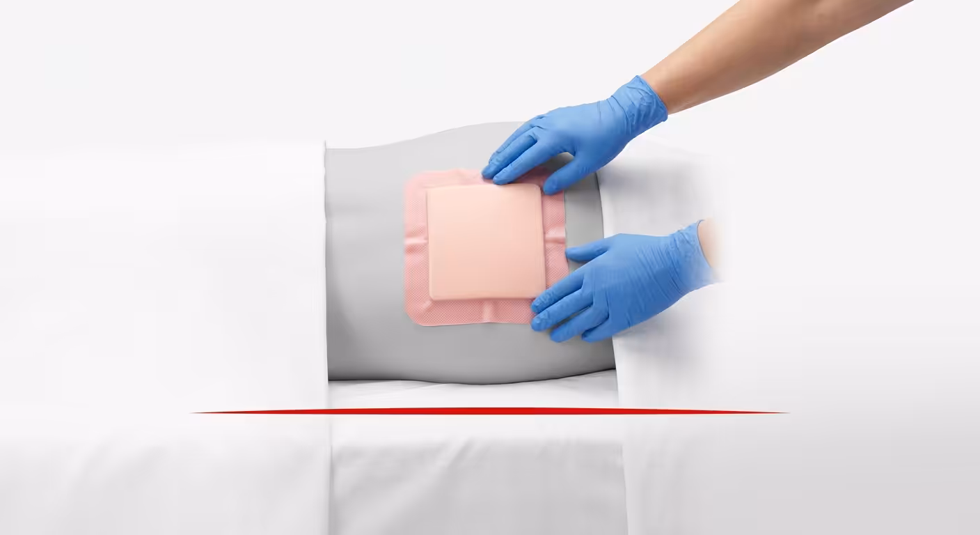 Cinematic photo of a nurse offloading a patient’s heels while protective silicone foam dressings are applied to pressure-prone areas.