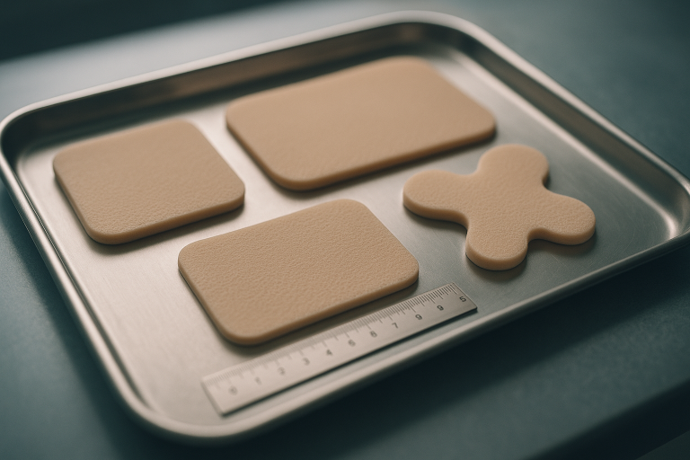 Silicone foam dressings in multiple shapes (square, rectangle, sacral, heel) on a medical tray