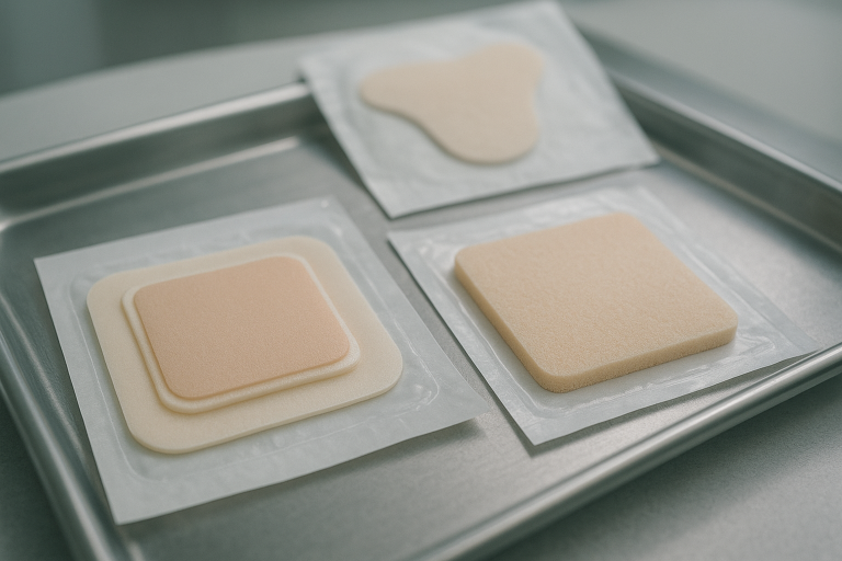Bordered and non-bordered silicone foam dressings on a sterile tray