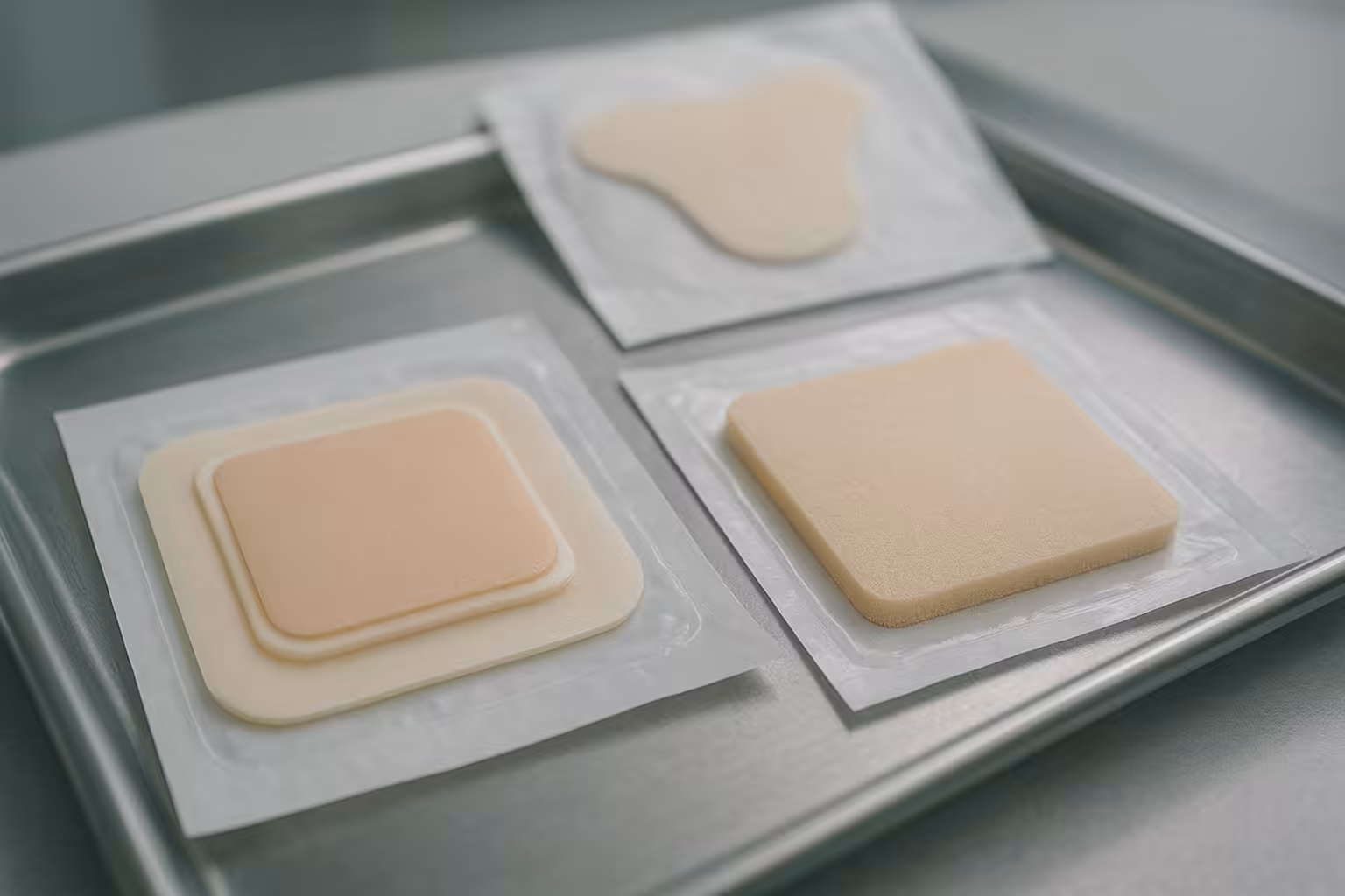 Bordered and non-bordered silicone foam dressings on a sterile tray