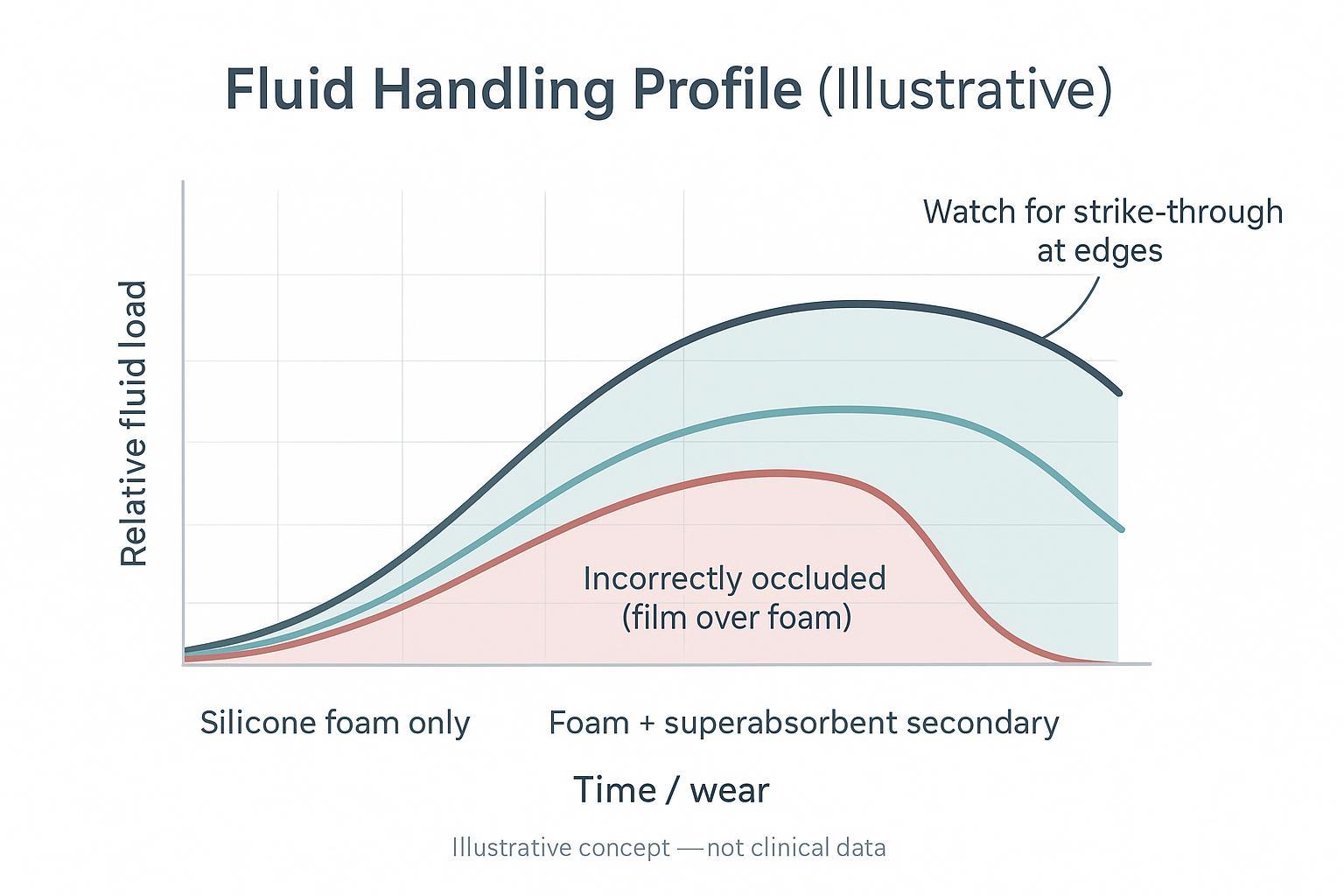Illustrative infographic showing conceptual absorbency curves for different layering approaches; not clinical data.