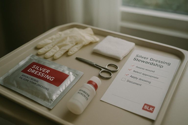 Cinematic photo of a wound care dressing tray and a silver dressing stewardship checklist.