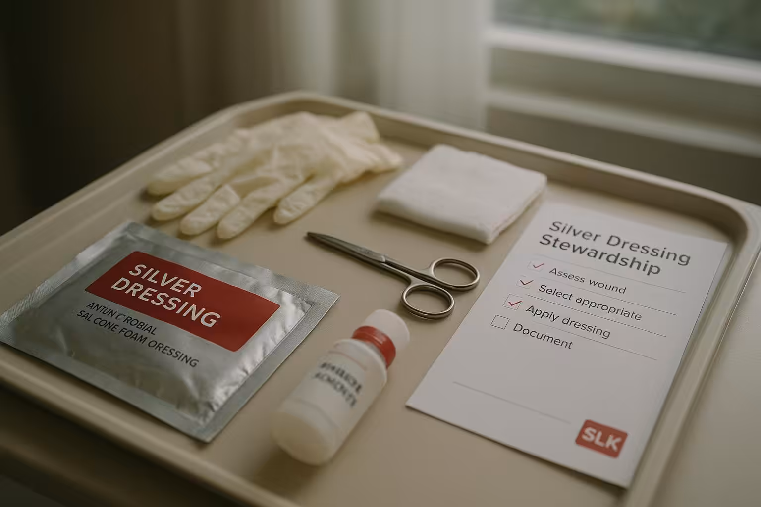 Cinematic photo of a wound care dressing tray and a silver dressing stewardship checklist.