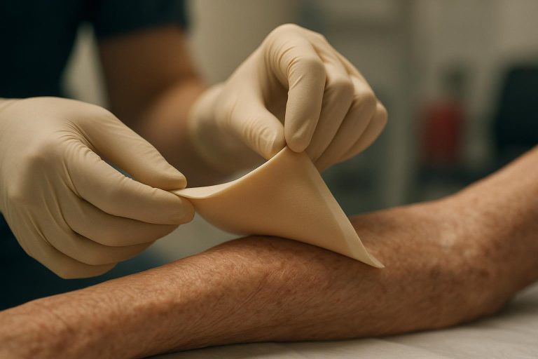 Clinician gently removing a silicone foam dressing from fragile geriatric skin using a low-angle technique