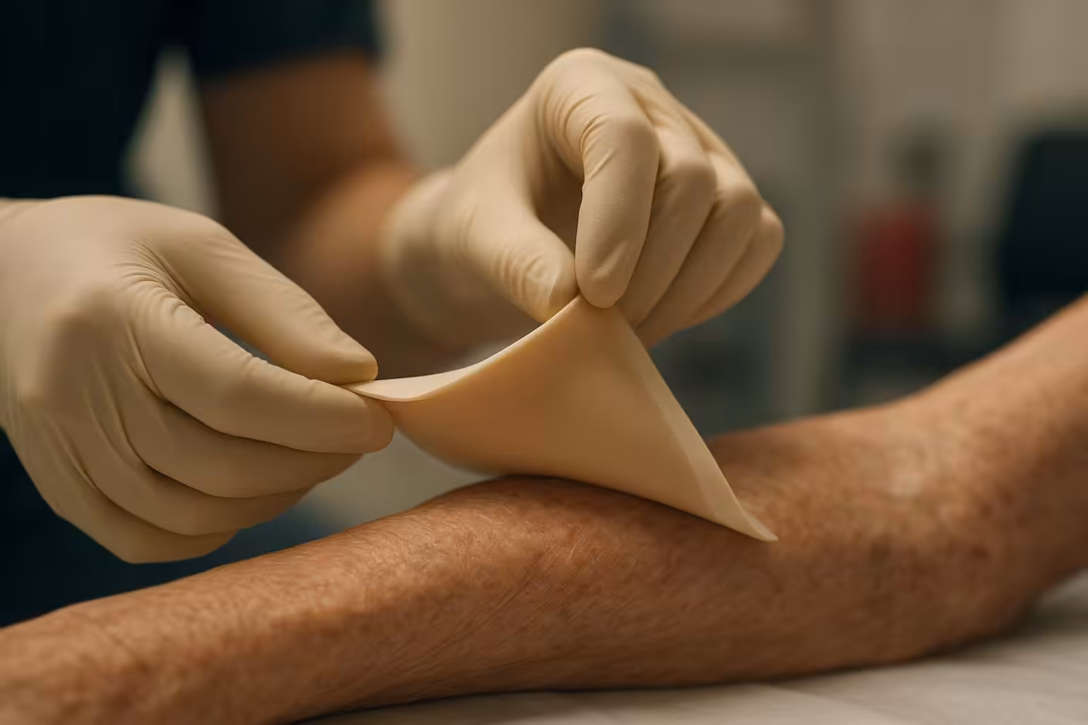 Clinician gently removing a silicone foam dressing from fragile geriatric skin using a low-angle technique