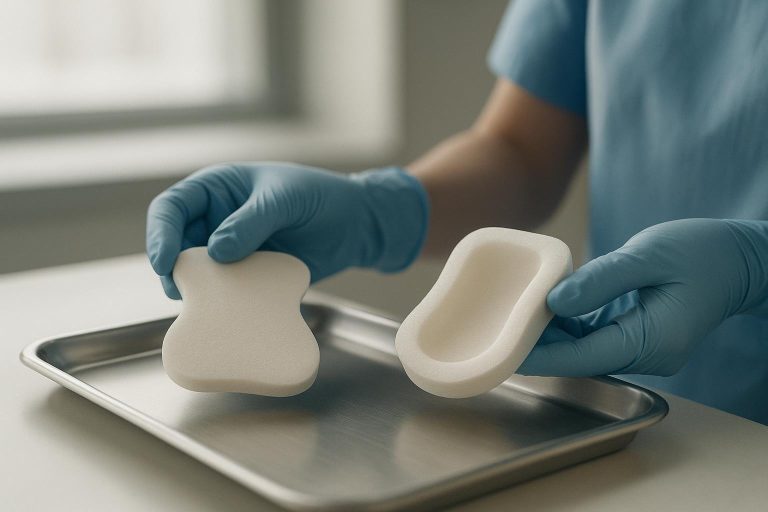 Cinematic photo of a clinician holding sacral- and heel-shaped silicone foam dressings