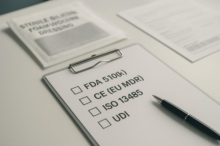 Compliance checklist for regulatory documentation proofs for silicone foam dressings (FDA 510(k), CE MDR, ISO 13485, UDI)