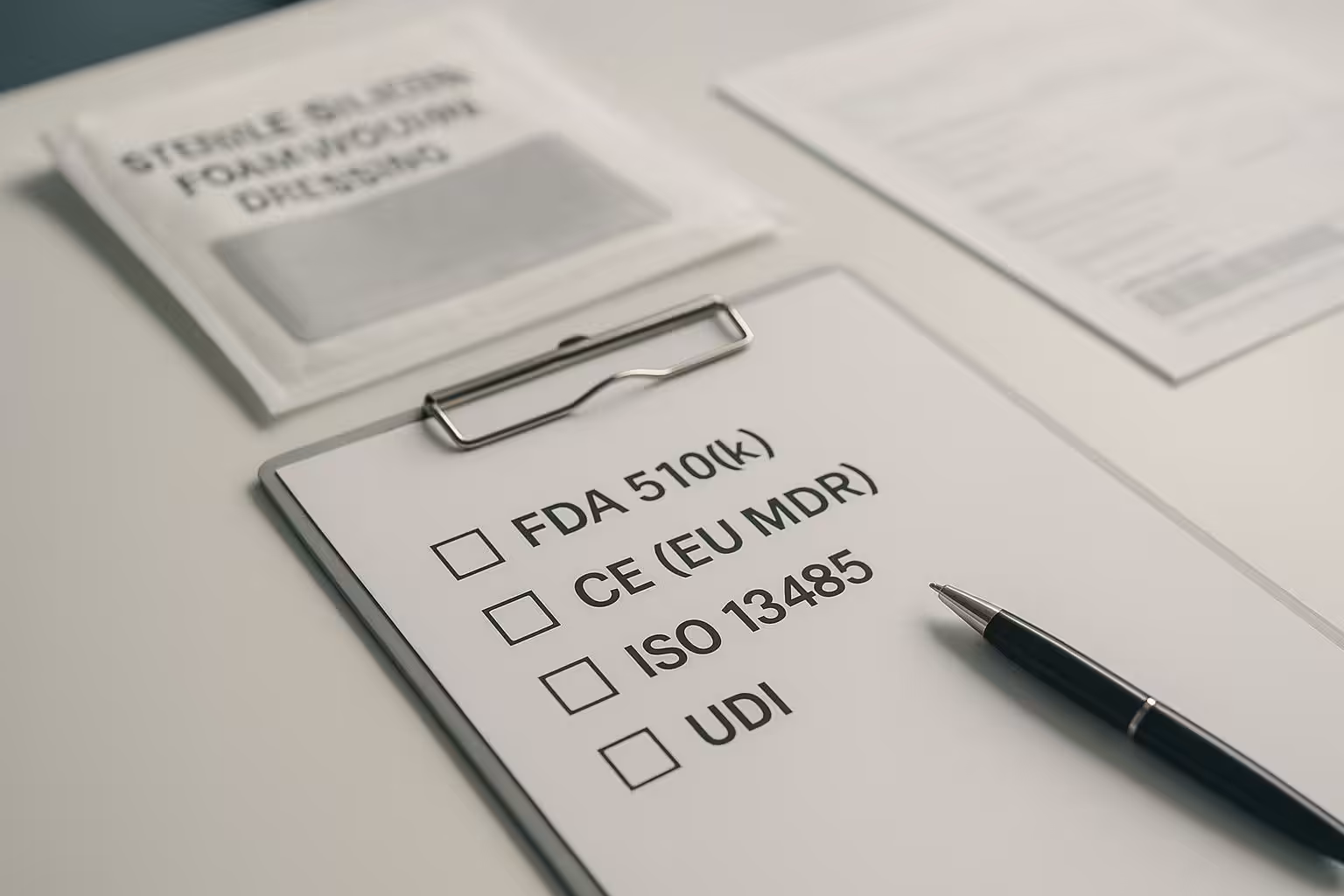 Compliance checklist for regulatory documentation proofs for silicone foam dressings (FDA 510(k), CE MDR, ISO 13485, UDI)